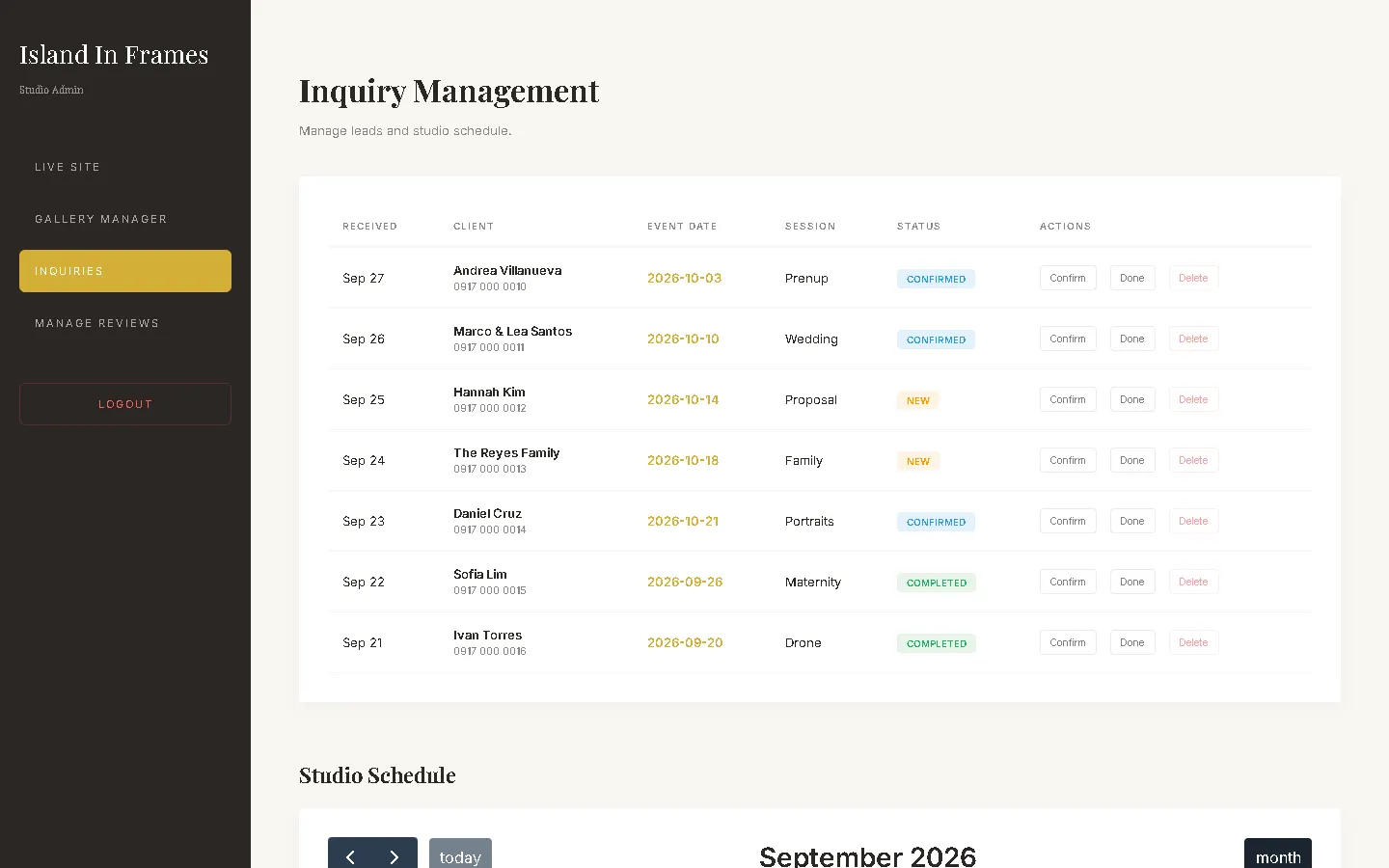 The admin panel's inquiry table, with sample clients, event dates, session types and New, Confirmed and Completed statuses