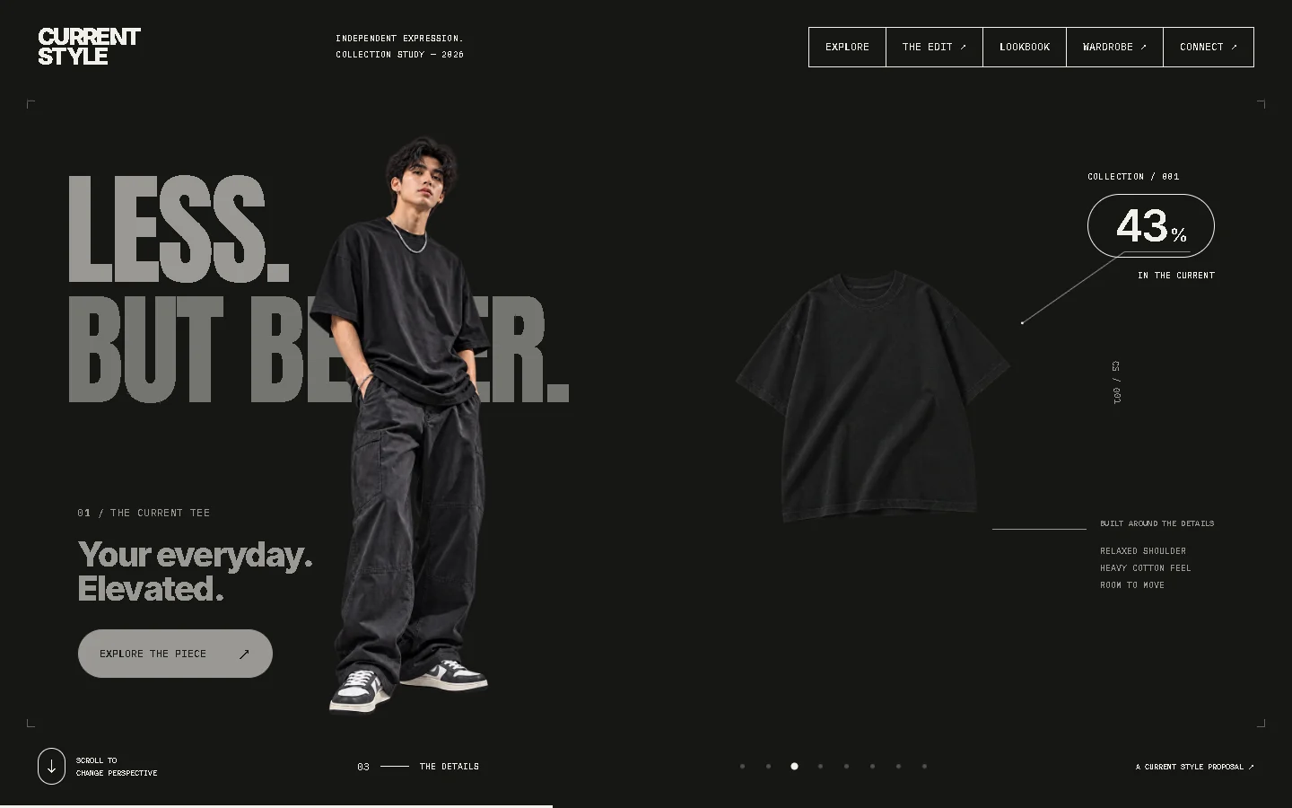 A dark step reading LESS. BUT BETTER. beside the Current Tee and its details